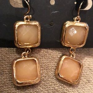 Faceted Acrylic Peachy Beige Stones Dangling two level goldtone earrings